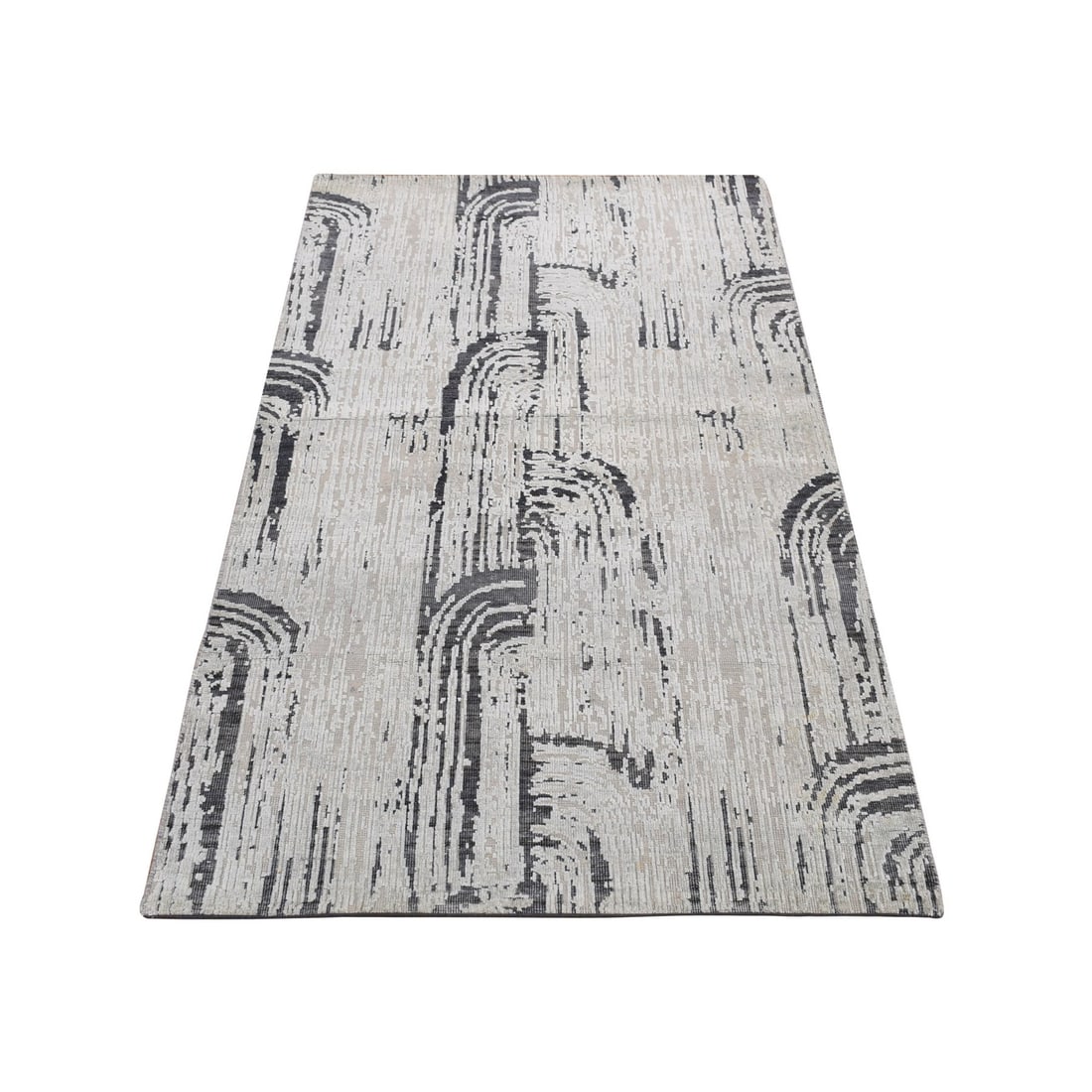 3'x5'6" Gray THE CANE Pure Silk with Wool Hand Knotted Rug: 3'x5'6" Gray THE CANE Pure Silk with Wool Hand Knotted Rug The Cane is a stunning hand-knotted rug, boasting a rich, grey color and a subtle sheen from the combination of wool and pure silk. Its