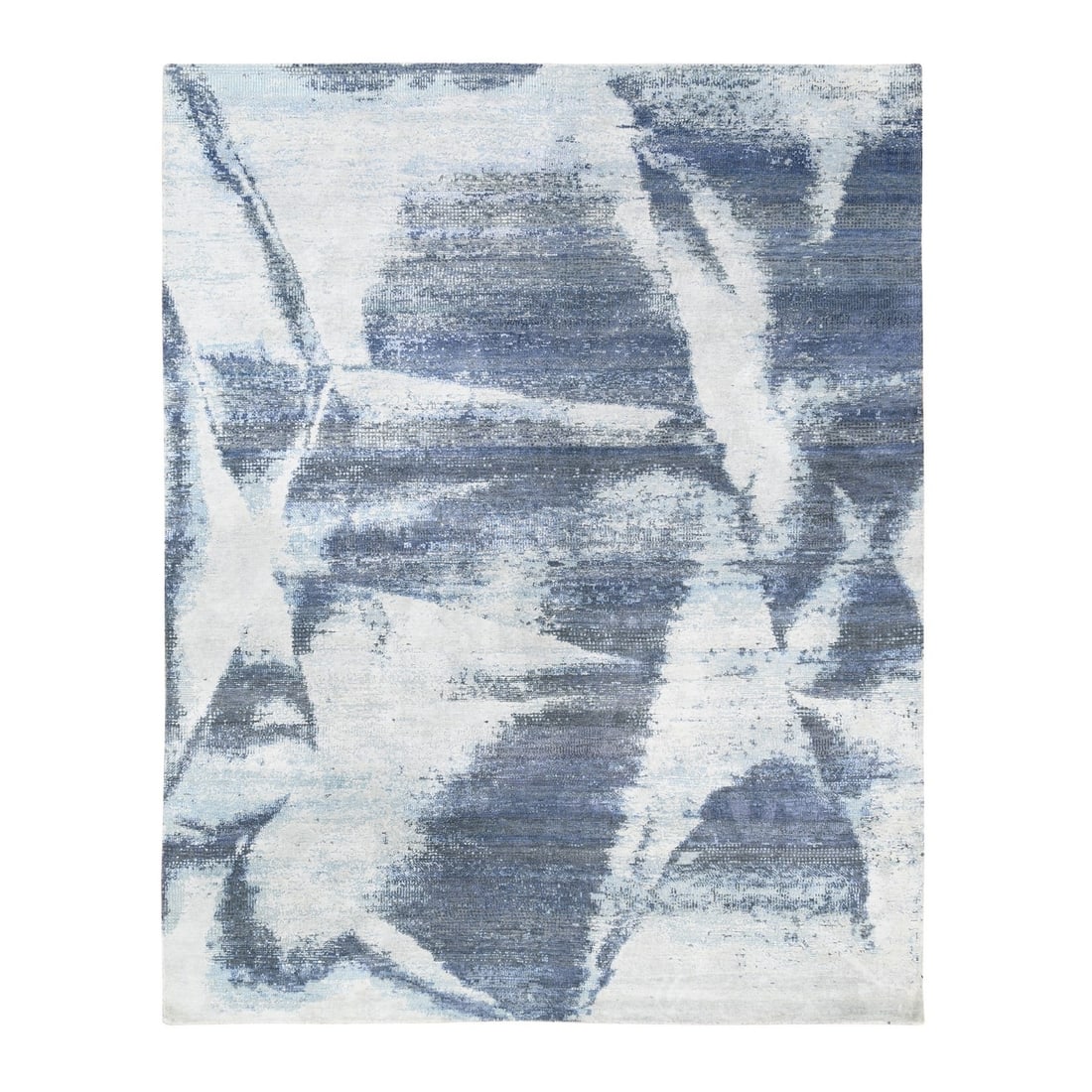 7'10"x10' Hand Knotted Black with a Mix of Blue Modern Wool and Silk Rug: 7'10"x10' Hand Knotted Black with a Mix of Blue Modern Wool and Silk Rug Hand-knotted with a unique blend of modern wool and silk, this 7'10" x 10' rectangular rug boasts a striking blue field with a