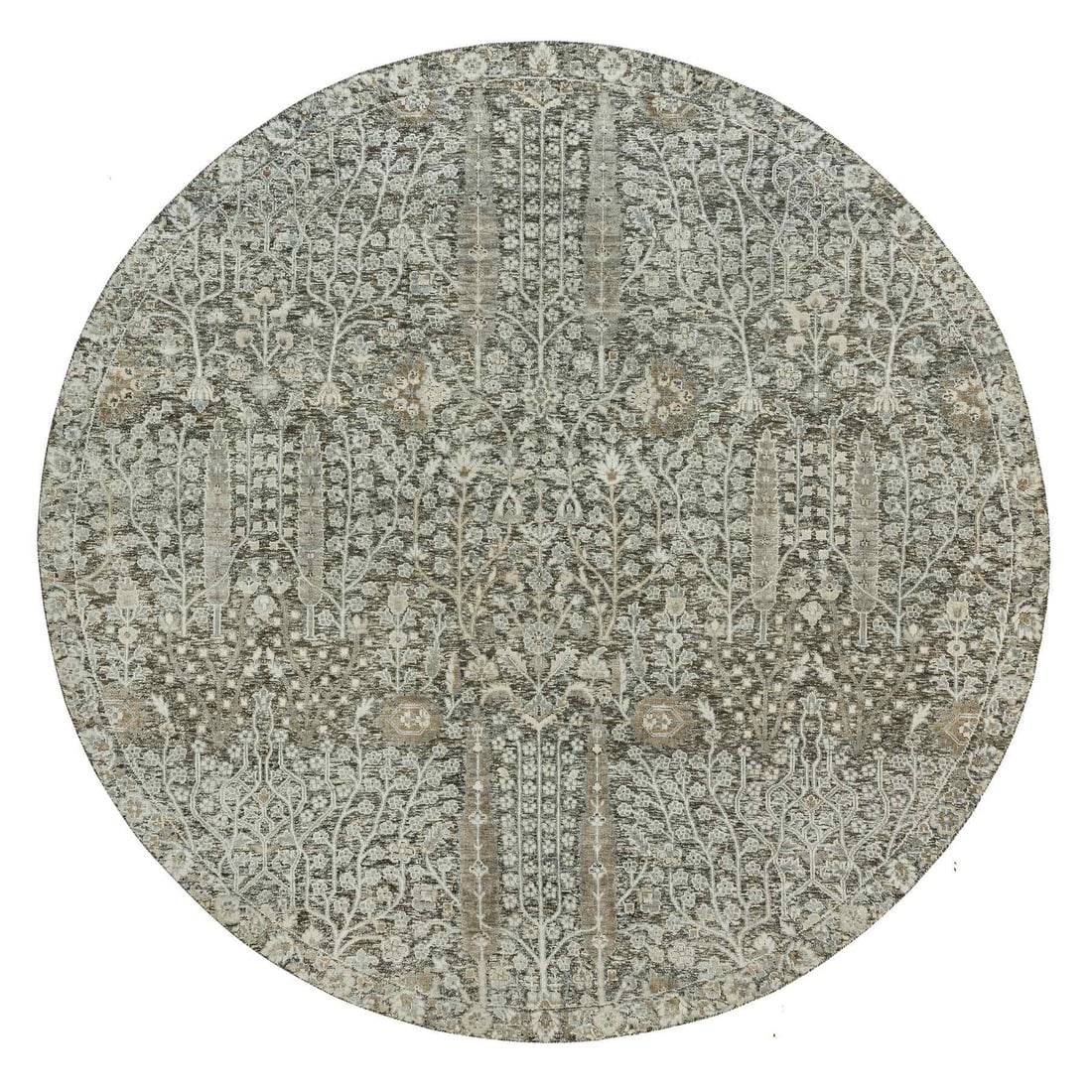 8'x8' Gray Wool With Silk Hand Knotted Willow and Cypress Tree Round Rug (1 of 11)