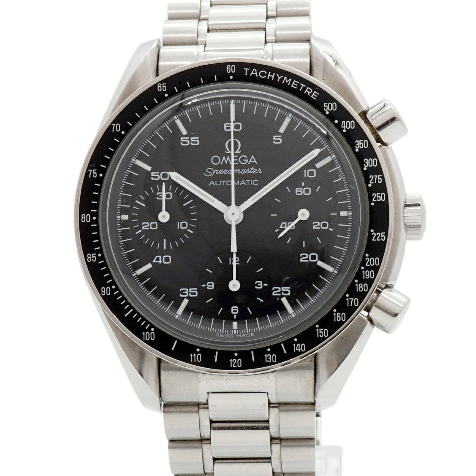 Omega Wristwatch: Omega Wristwatch Stainless steel band adds a touch of durability to this black Omega wristwatch, featuring a self-winding automatic movement. With a 39mm case diameter and 16cm wrist size, it's design