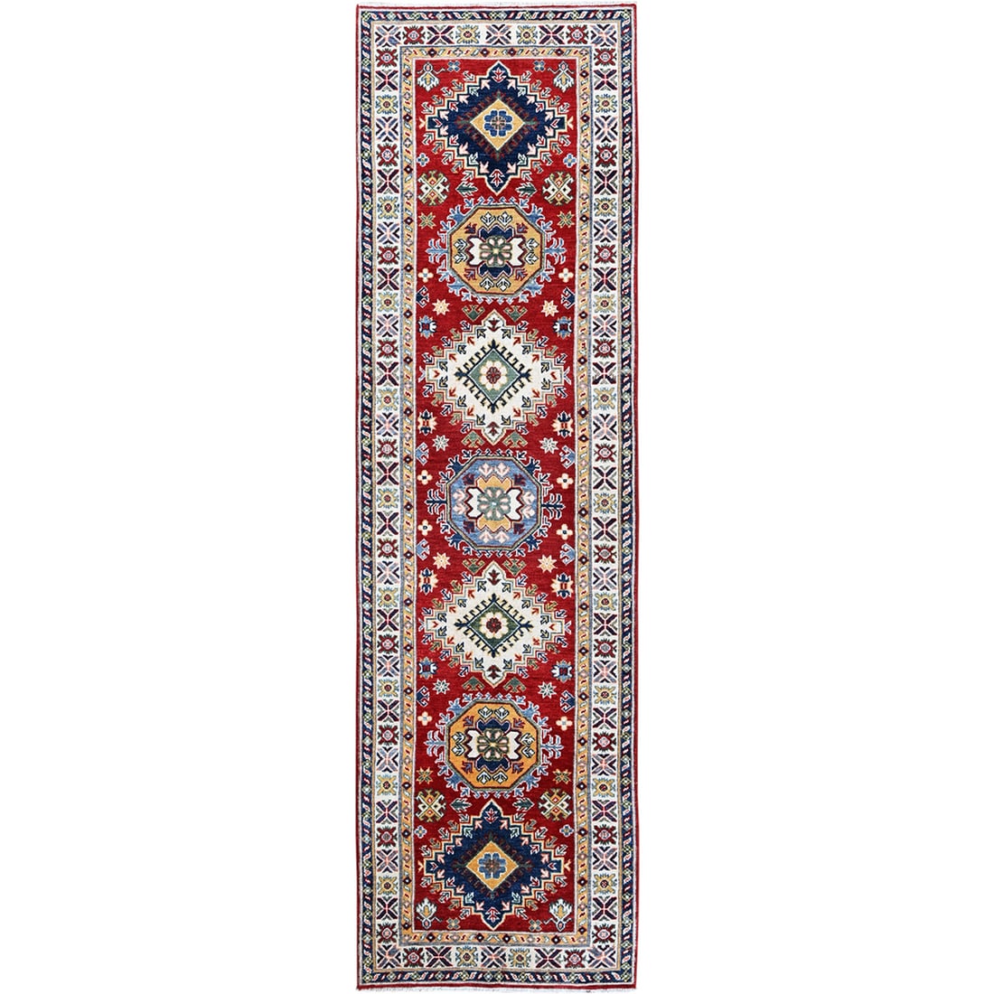 Soft Wool Hand Knotted Kazak Runner Rug with Geometric Design 2'9"x9'8: Soft Wool Hand Knotted Kazak Runner Rug with Geometric Design 2'9"x9'8 Soft and vibrant, this hand-knotted Kazak runner rug boasts a stunning geometric design in rich red hues, perfectly complemented 