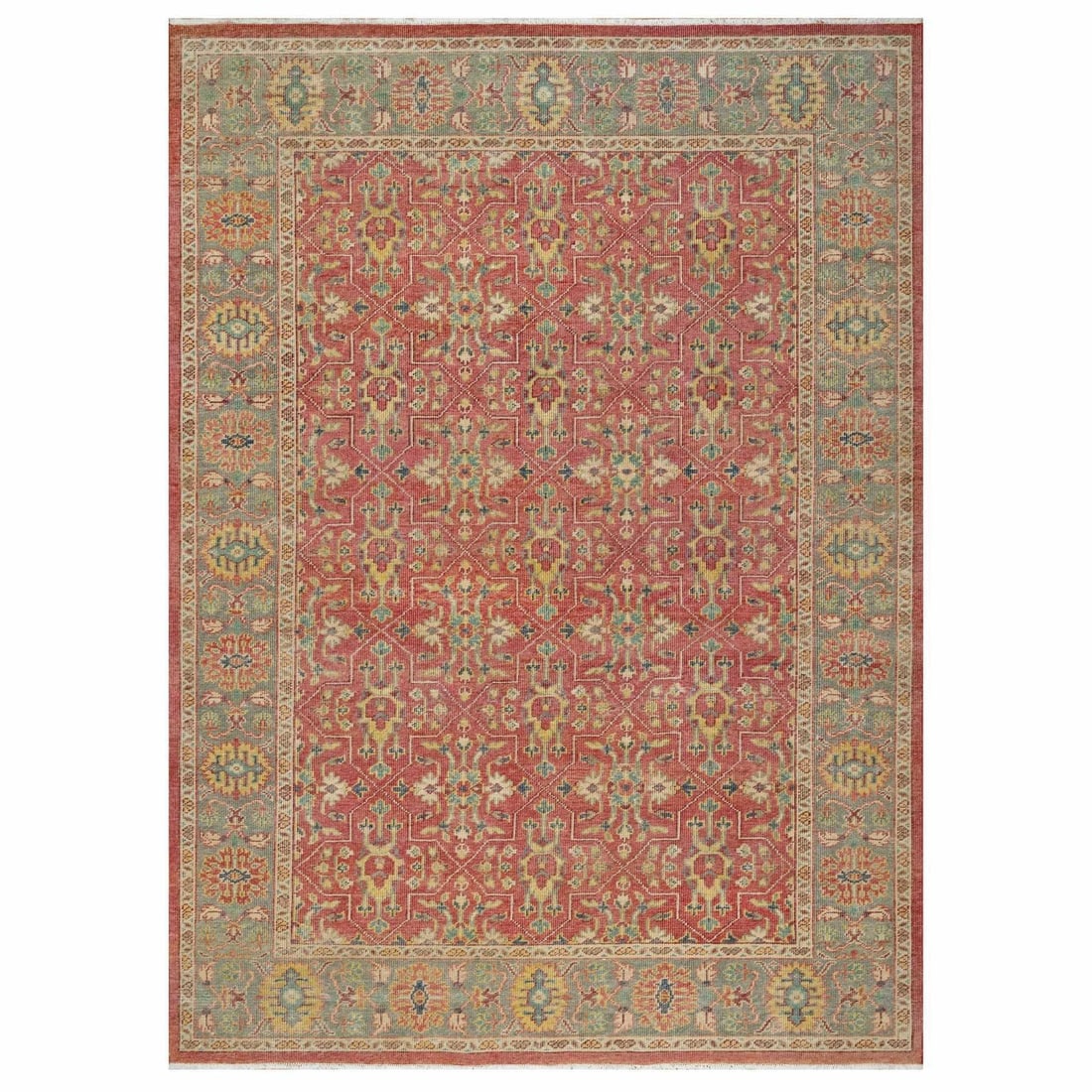 10'x13'9" Red Hand Knotted Antiqued Oushak Design Wool Oriental Rug: 10'x13'9" Red Hand Knotted Antiqued Oushak Design Wool Oriental Rug This stunning 10'x13'9" Red Hand Knotted Antiqued Oushak Design Wool Oriental Rug boasts a rich, vibrant red color and intricate han