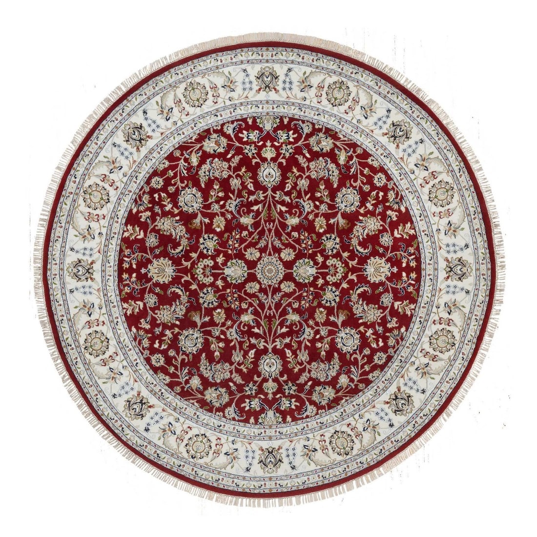8'x8' Red Nain with Flower Design Wool and Silk Hand Knotted Round Rug (1 of 11)