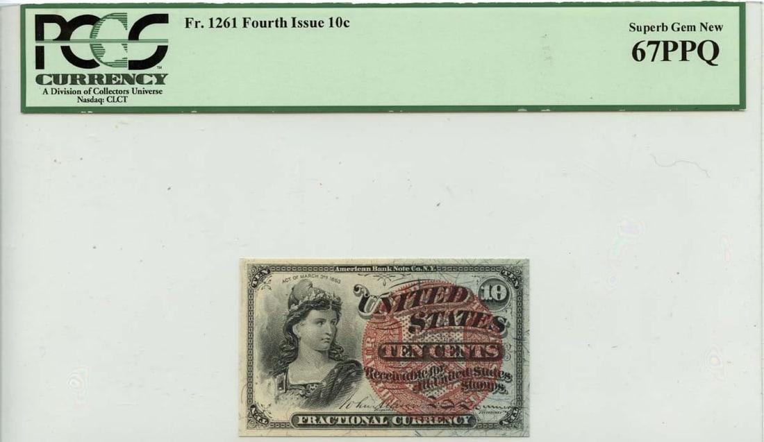 MS67 Superb Gem PCGS Fractional Currency 10c Fourth Issue: MS67 Superb Gem PCGS Fractional Currency 10c Fourth Issue MS67 Superb Gem PCGS Fractional Currency 10c Fourth Issue is a stunning example of a circulated uncirculated 10-cent fractional currency note 