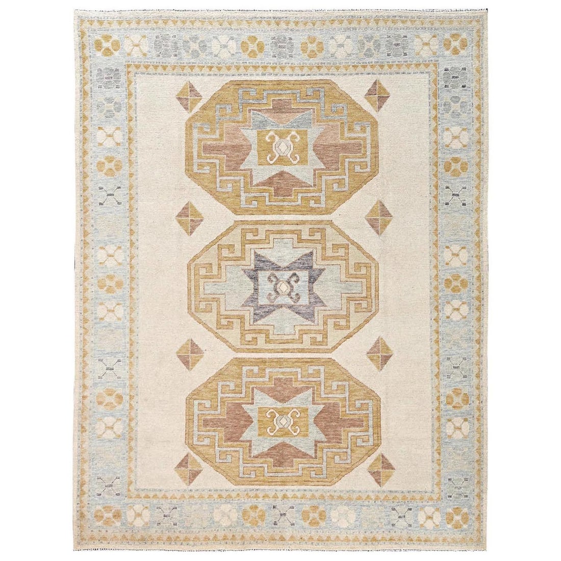 8'x10'2" Ivory Cloudbank Kazak with Turkish Knot Hand Knotted Pure Wool Rug: 8'x10'2" Ivory Cloudbank Kazak with Turkish Knot Hand Knotted Pure Wool Rug 8'x10'2" Ivory Cloudbank Kazak with Turkish Knot Hand Knotted Pure Wool Rug boasts a stunning medallion pattern in ivory, co