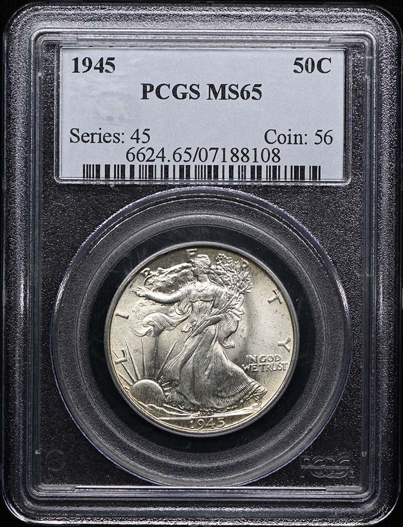 1945 50C Walking Liberty Half Dollar PCGS MS65: 1945 50C Walking Liberty Half Dollar PCGS MS65 PCGS MS65 certification ensures the coin's high level of preservation, with a grade of 65 indicating exceptional condition. This 1945 Walking Liberty Hal