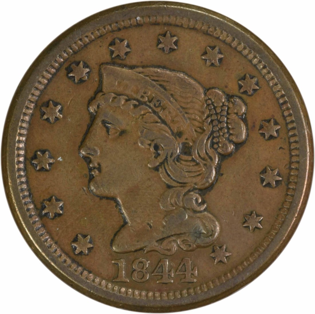 1844/ 81 Large Cent EF Uncertified: 1844/ 81 Large Cent EF Uncertified The 1844/81 Large Cent is a copper coin with a braided hair design, weighing 10.89 grams and measuring 27.50 millimeters in diameter. Certified as EF Uncertified, th