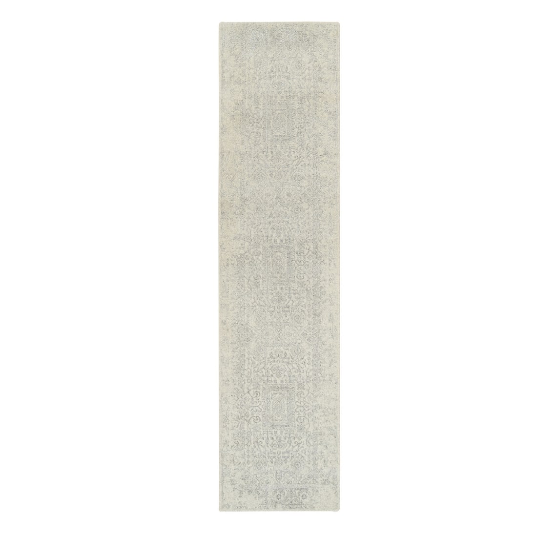 Beige Hand Loomed Wool 2'6"x10'1" Plant Based Silk Oriental Runner Rug: Beige Hand Loomed Wool 2'6"x10'1" Plant Based Silk Oriental Runner Rug The Beige Hand Loomed Wool 2'6"x10'1" Plant Based Silk Oriental Runner Rug boasts a stunning modern design, crafted from a unique