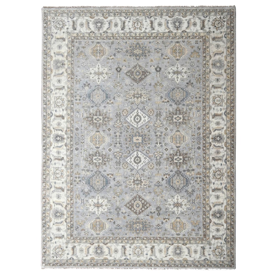 Oriental rug hand knotted soft wool 10'x11'9 Oxford gray Karajeh: Oriental rug hand knotted soft wool 10'x11'9 Oxford gray Karajeh Soft and serene, this 10'x11'9 Oxford gray Karajeh hand-knotted wool rug boasts a classic Oriental design with a subtle, soothing