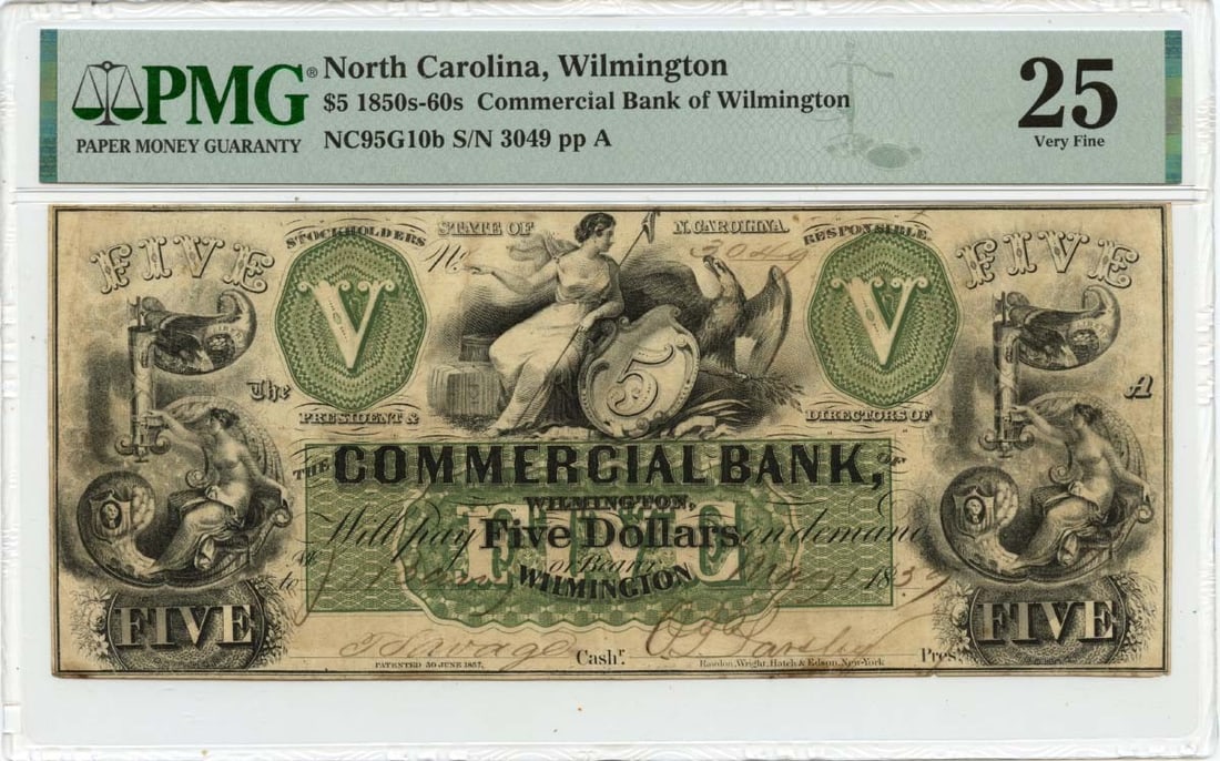 Obsolete Note Commercial Bank Wilmington North Carolina 1859 $5 PMG VF25: Obsolete Note Commercial Bank Wilmington North Carolina 1859 $5 PMG VF25 This 1859 $5 PMG VF25 Obsolete Note from the Commercial Bank of Wilmington, North Carolina, boasts a unique piece of financial 