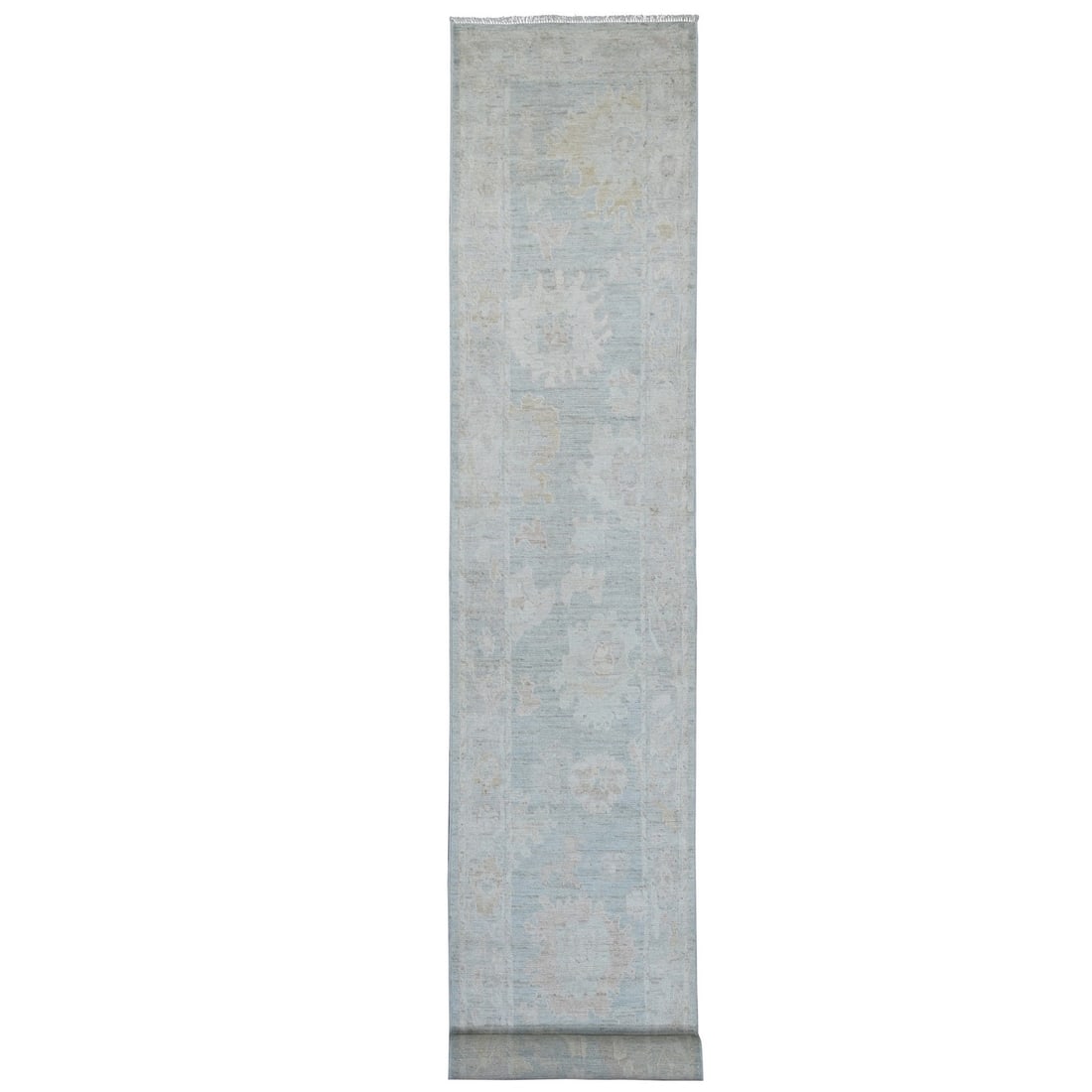 Hand Knotted Wool Runner Rug Gray 2'9"x20'2" Angora Oushak Leaf Design: Hand Knotted Wool Runner Rug Gray 2'9"x20'2" Angora Oushak Leaf Design Hand-knotted wool runner rug with a stunning gray Angora Oushak leaf design, measuring 2'9" x 20'2" in a beautiful field of