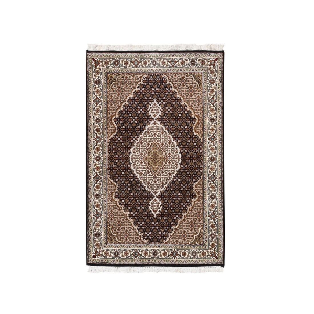 Hand Knotted 3'10"x6' Tebraz Mahi Fish Medallion Wool Silk Rug: Hand Knotted 3'10"x6' Tebraz Mahi Fish Medallion Wool Silk Rug The Hand Knotted 3'10"x6' Tebraz Mahi Fish Medallion Wool Silk Rug boasts a striking black field with intricate red, green, ivory brown,