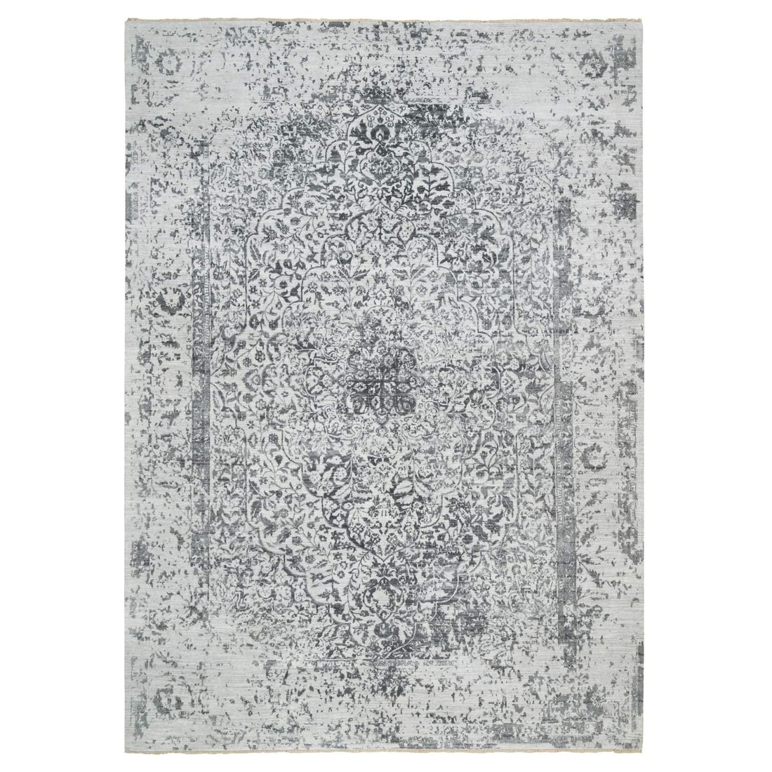Broken Hand Knotted Wool Silk 9 10 Zoroastrian Design Rug: Broken Hand Knotted Wool Silk 9 10 Zoroastrian Design Rug Grey hand knotted wool silk rug with a unique 9x10 Zoroastrian design. Made from 100% wool, this rug features a distinctive grey color and