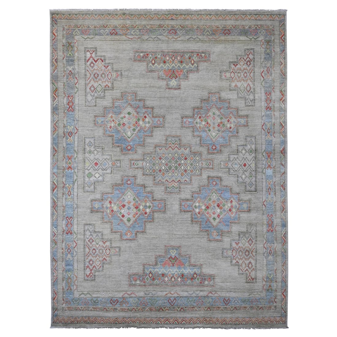 8'8"x11'8" White Peshawar Berber Influence Mountain Wool Hand Knotted Rug: 8'8"x11'8" White Peshawar Berber Influence Mountain Wool Hand Knotted Rug The 8'8"x11'8" White Peshawar Berber Influence Mountain Wool Hand Knotted Rug is a stunning example of traditional Afghan