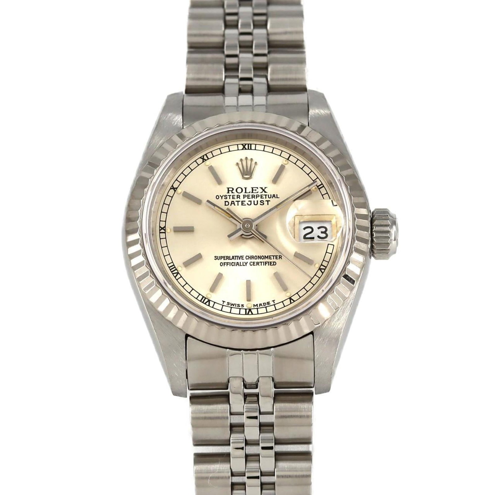 Rolex Wristwatch: Rolex Wristwatch Stainless steel and white gold blend in this sleek 26mm Rolex wristwatch, featuring a silver dial and self-winding automatic movement. The watch comes with its original accessories, i