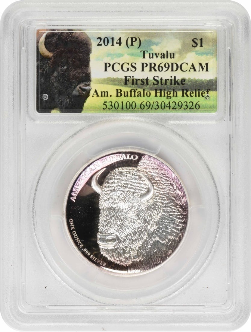 2014-P Tuvalu $1 American Buffalo High Relief Silver PR69DCAM PCGS: 2014-P Tuvalu $1 American Buffalo High Relief Silver PR69DCAM PCGS The 2014-P Tuvalu $1 American Buffalo High Relief Silver PR69DCAM PCGS is a stunning proof coin featuring the iconic American Buffalo