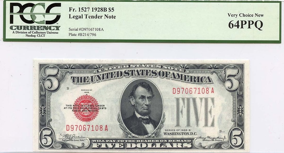 1928B $5 Legal Tender Note PCGS CH64 PPQ: 1928B $5 Legal Tender Note PCGS CH64 PPQ The 1928B $5 Legal Tender Note PCGS CH64 PPQ is a highly graded, uncirculated example of a rare and historic denomination. Featuring a PCGS Currency