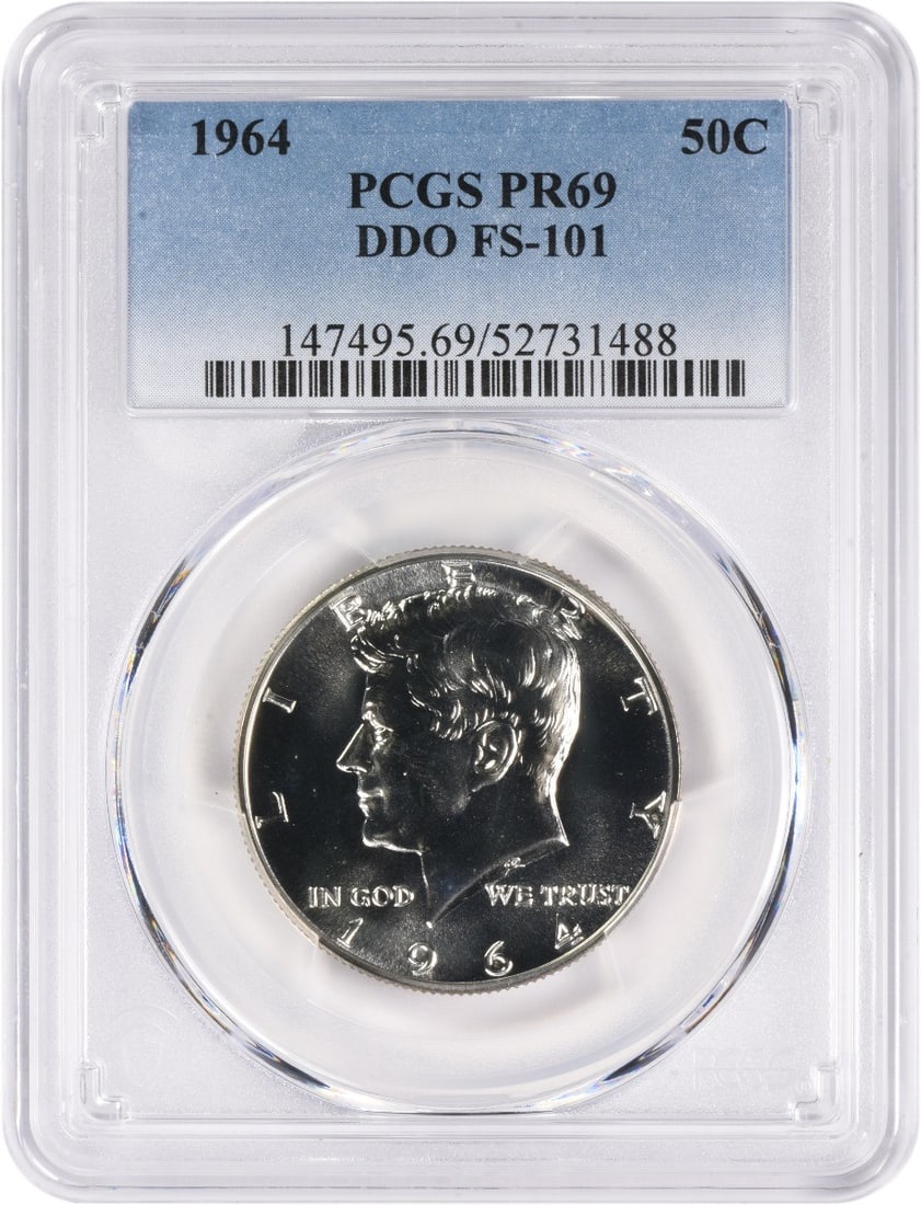 Silver Half Dollar Kennedy 1964 DDO FS-101 PCGS: Silver Half Dollar Kennedy 1964 DDO FS-101 PCGS The 1964 DDO Silver Half Dollar Kennedy, certified by PCGS, boasts an impressive PR69 grade and is a stunning example of this iconic coin. With its 90% 