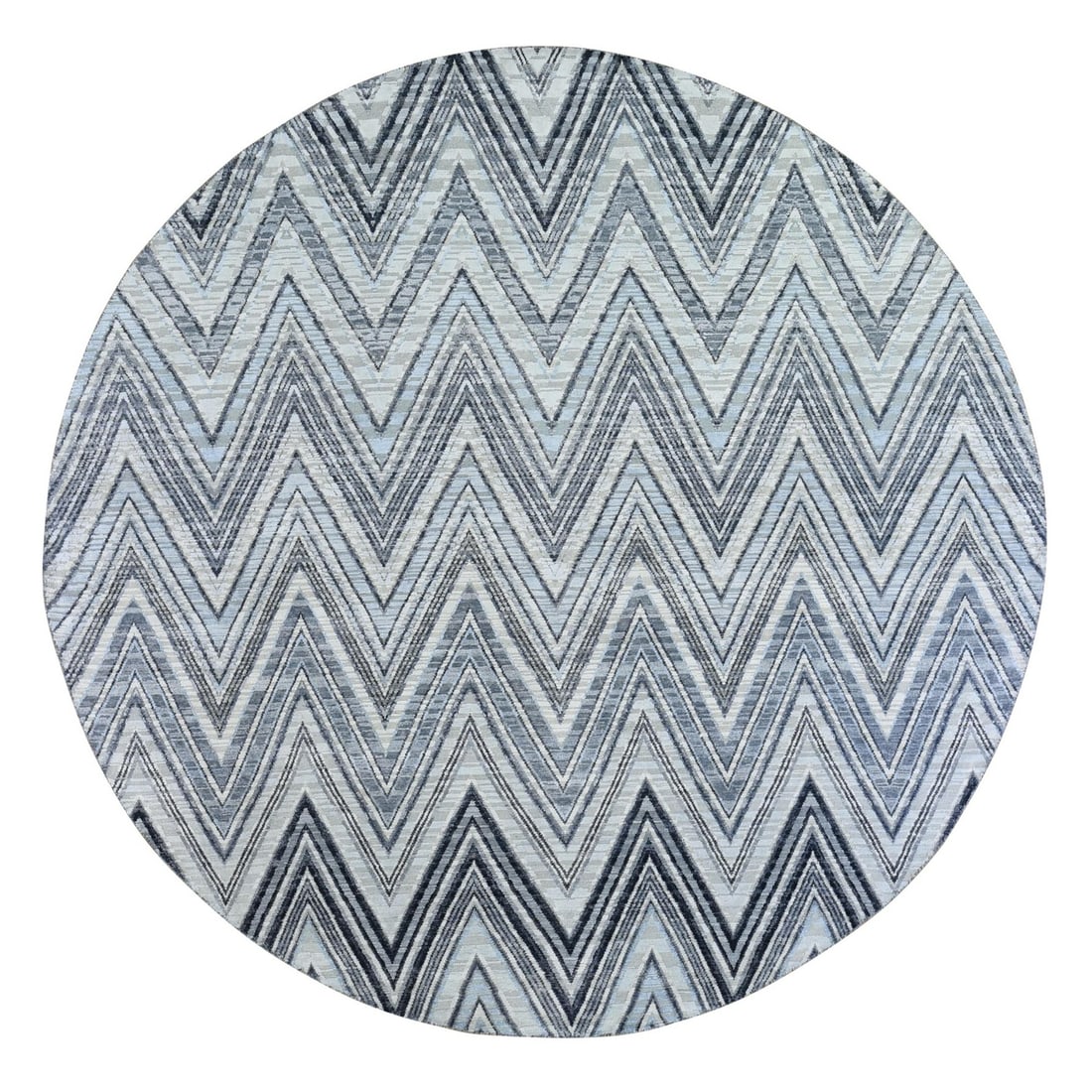 9'x9' Gray Chevron Design Textured Wool and Silk Hand Knotted Round Rug: 9'x9' Gray Chevron Design Textured Wool and Silk Hand Knotted Round Rug This stunning 9'x9' gray chevron design textured wool and silk hand knotted round rug boasts a unique and sophisticated