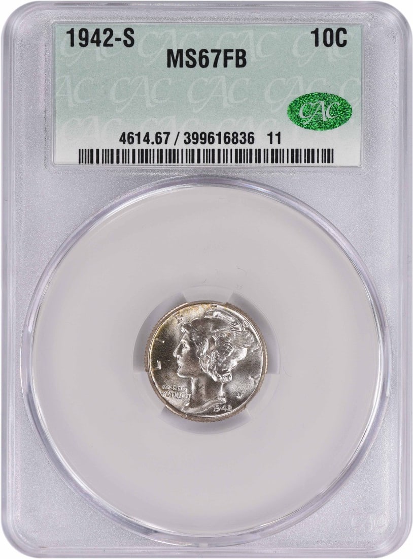 MS67FB CACG Mercury Dime 1942-S Silver: MS67FB CACG Mercury Dime 1942-S Silver The MS67FB CACG Mercury Dime 1942-S Silver boasts a striking MS67 grade, indicating exceptional condition, and is certified by CACG, a reputable authority in
