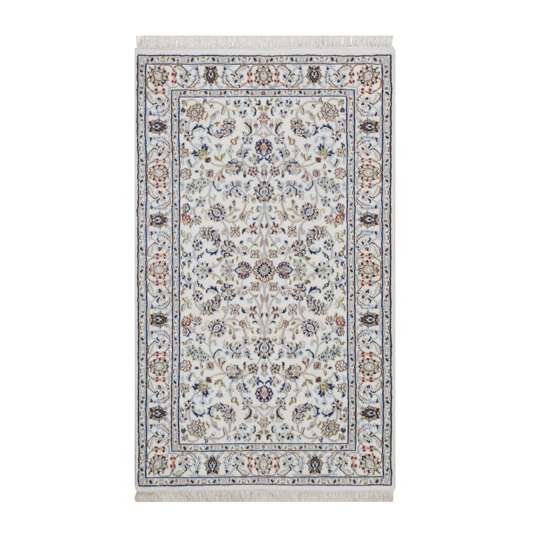 3'1"x5'3" Ivory Nain with Flower Design Wool and Silk 250 KPSI Hand Knotted: 3'1"x5'3" Ivory Nain with Flower Design Wool and Silk 250 KPSI Hand Knotted The 3'1"x5'3" Ivory Nain with Flower Design is a stunning, hand-knotted wool and silk rug featuring an all-over regional des