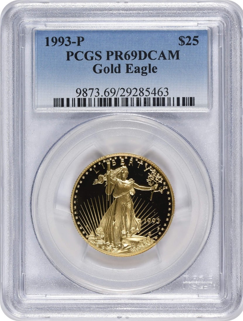 PR69DCAM PCGS 1993-P $25 American Gold Eagle: PR69DCAM PCGS 1993-P $25 American Gold Eagle PCGS PR69DCAM 1993-P $25 American Gold Eagle, a stunning proof coin featuring the iconic Augustus Saint Gaudens design, boasts a high grade of PR69 and is 