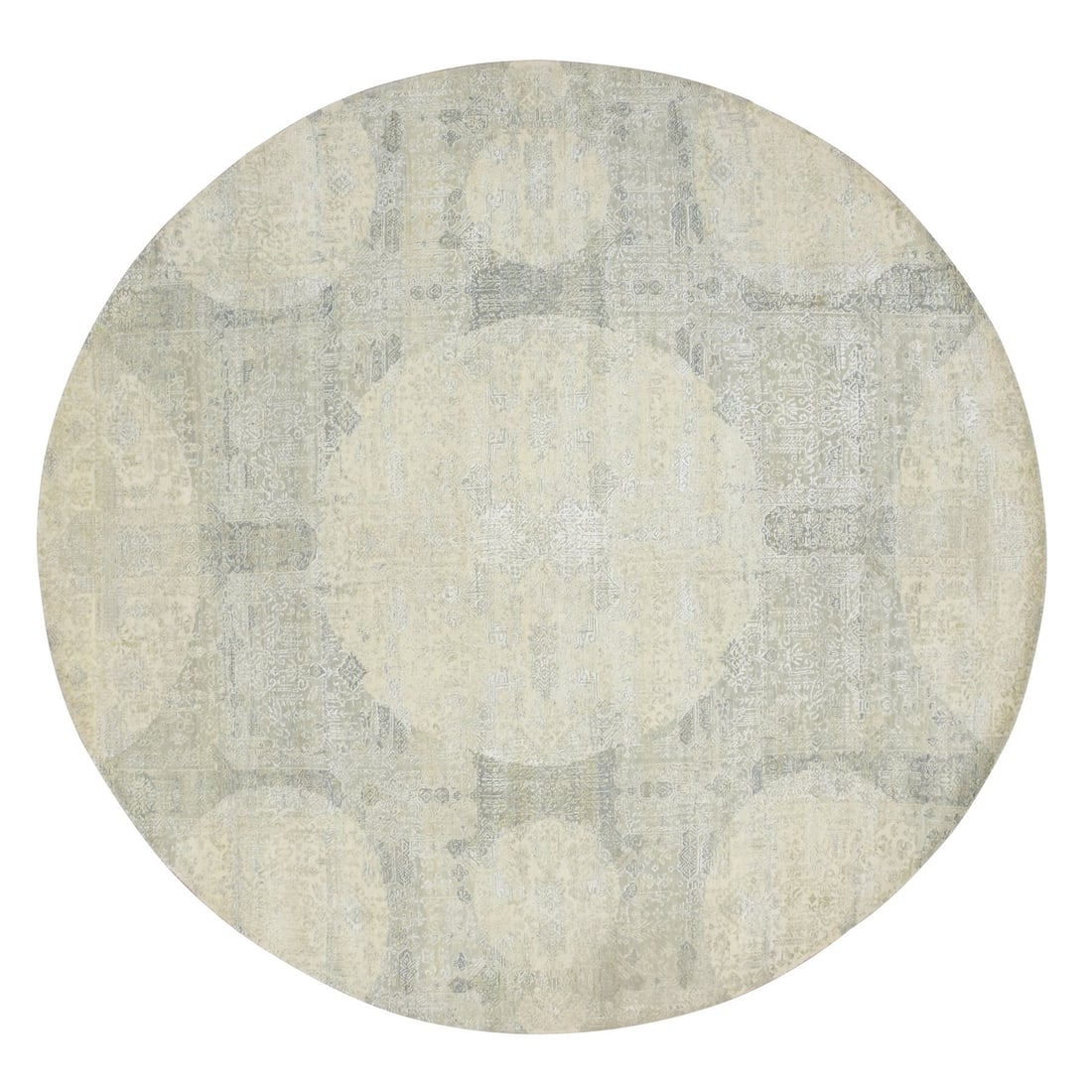 10'x10' Oyster White Jewelry Design Wool and Silk Hand Knotted Round Rug: 10'x10' Oyster White Jewelry Design Wool and Silk Hand Knotted Round Rug Oriental design in all-over pattern, this 10'x10' hand-knotted wool and silk rug boasts a stunning ivory color and no border.
