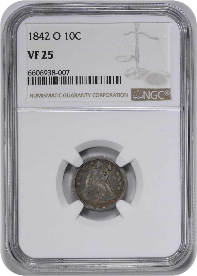 Silver dime Liberty seated 1842 VF25 NGC: Silver dime Liberty seated 1842 VF25 NGC The 1842 Silver Dime features a striking Seated Liberty design, created by Robert Ball Hughes and Christian Gobrecht. This circulated coin, graded VF25 by the