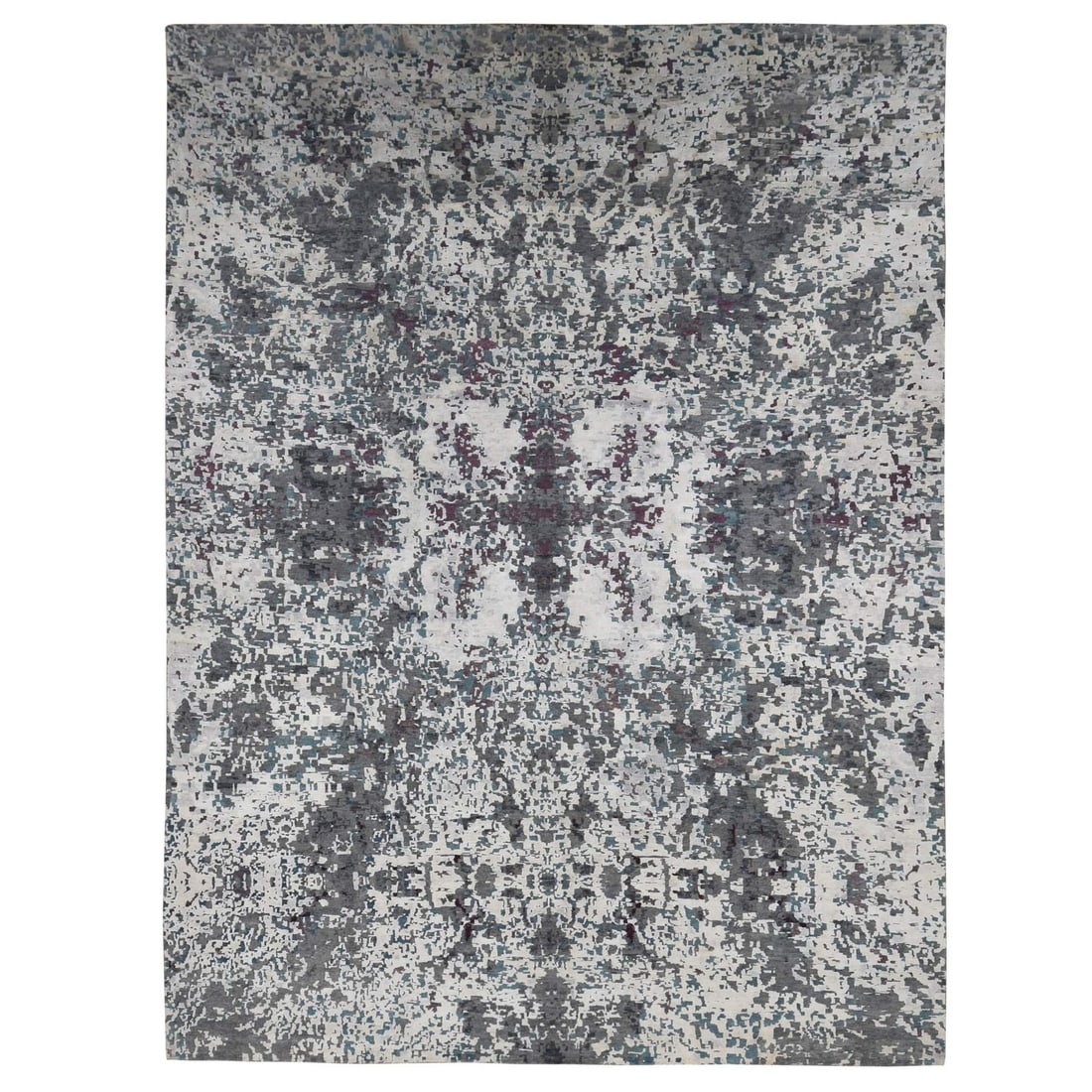 9'10''x13'7'' Gray Modern Abstract Design Hand Knotted Wool and Silk Rug: 9'10''x13'7'' Gray Modern Abstract Design Hand Knotted Wool and Silk Rug 9'10" x 13'7" Gray Modern Abstract Design Hand Knotted Wool and Silk Rug is a striking piece of art with a unique gray modern a