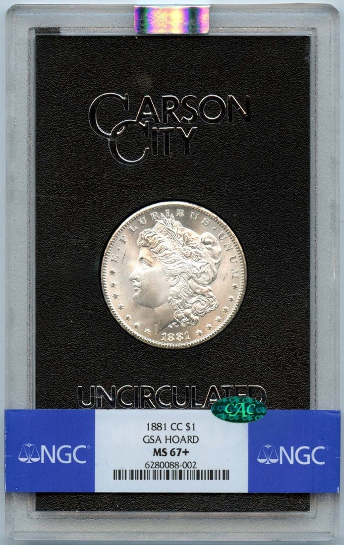 CC Morgan Dollar 1881 GSA HOARD S$1 NGC MS67+: CC Morgan Dollar 1881 GSA HOARD S$1 NGC MS67+ The 1881 CC Morgan Dollar is a highly graded coin, certified by the Numismatic Guaranty Corporation (NGC) as MS67+, indicating a high level of