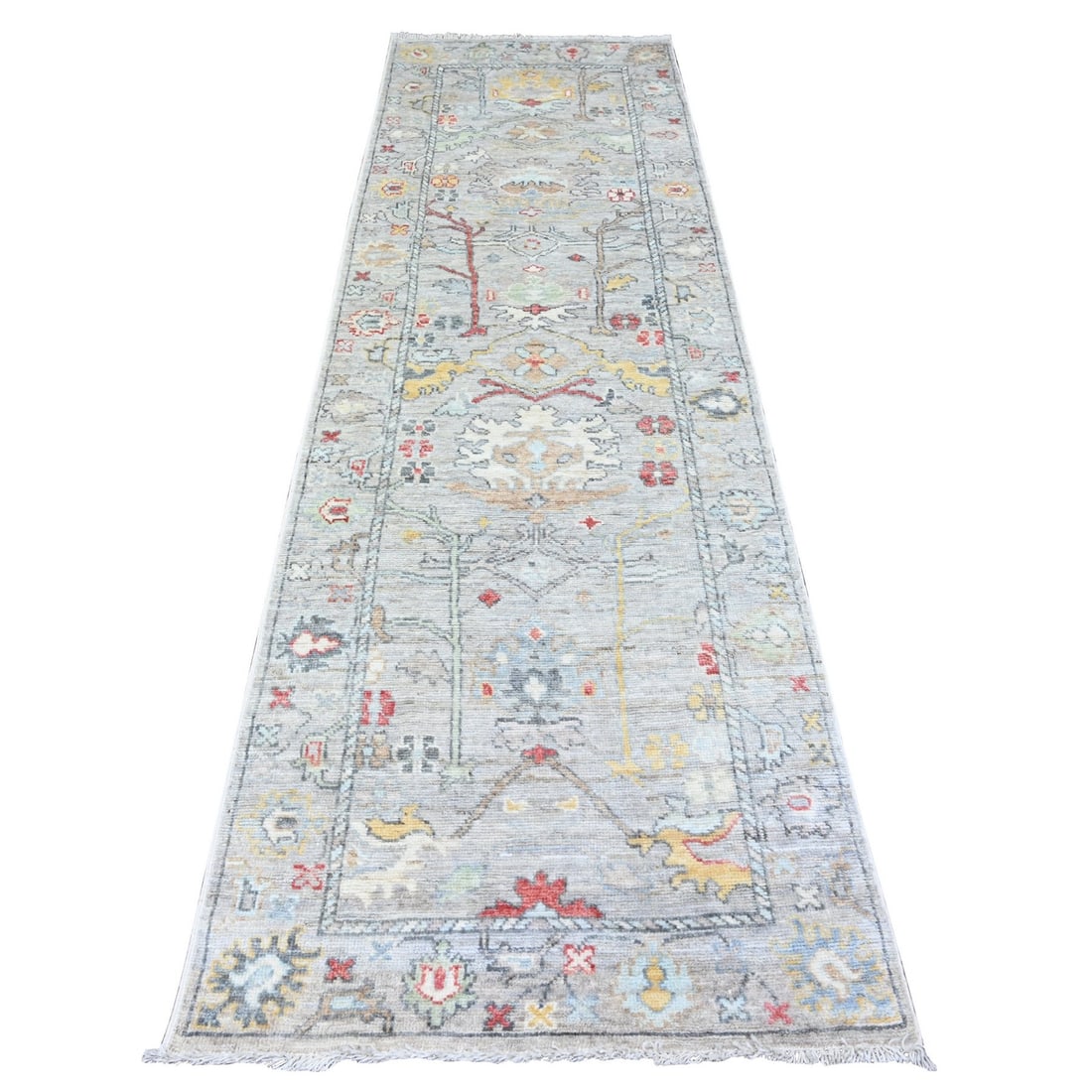 3'1"x10'6" Gray Hand Knotted Afghan Angora Oushak Pure Wool Runner Rug: 3'1"x10'6" Gray Hand Knotted Afghan Angora Oushak Pure Wool Runner Rug This 3'1"x10'6" Gray Hand Knotted Afghan Angora Oushak Pure Wool Runner Rug is a stunning piece of craftsmanship, boasting a