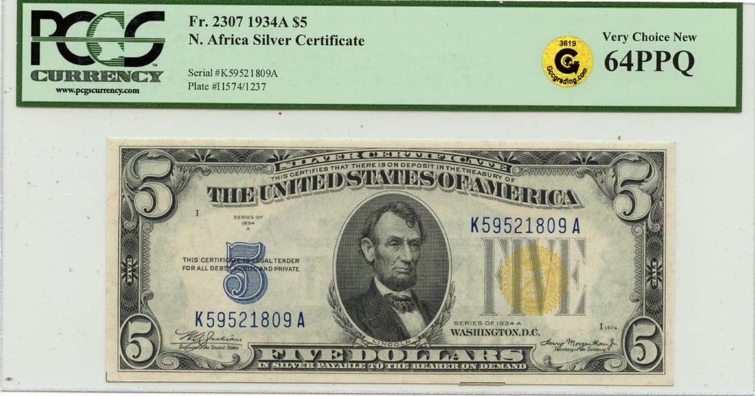 $5 Silver Certificate North Africa WWII PCGS CU64 PPQ GCC Gold: $5 Silver Certificate North Africa WWII PCGS CU64 PPQ GCC Gold This 1934 $1 Silver Certificate is certified by PCGS as MS64, with a high-grade PPQ designation. The note bears a signature and is