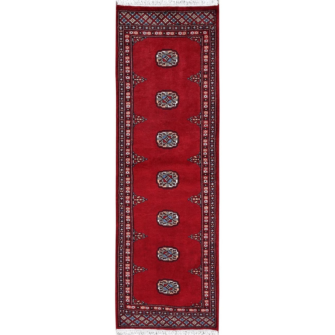 1 2 Red Princess Bokara Hand Knotted Soft Wool Rug Narrow Runner: 1 2 Red Princess Bokara Hand Knotted Soft Wool Rug Narrow Runner The 2 Red Princess Bokara Hand Knotted Soft Wool Rug is a stunning, narrow runner from Afghanistan, featuring a striking geometric patt