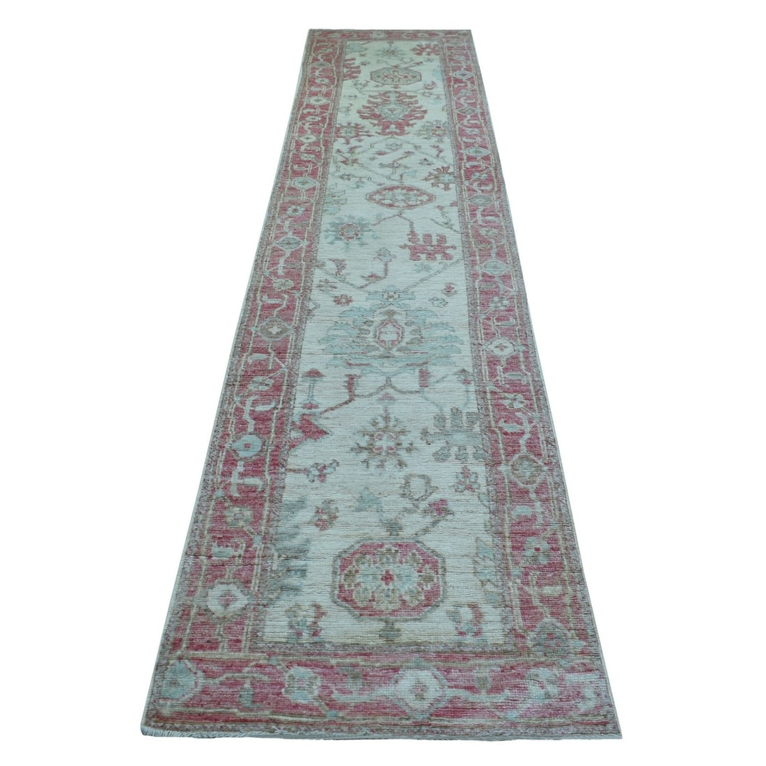 2'9"x12'3" Ivory Afghan Angora Oushak Pure Wool Hand Knotted Runner Rug: 2'9"x12'3" Ivory Afghan Angora Oushak Pure Wool Hand Knotted Runner Rug This stunning 2'9"x12'3" Ivory Afghan Angora Oushak Pure Wool Hand Knotted Runner Rug boasts intricate Oriental design and rich 