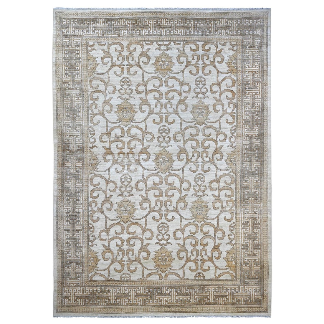 Ivory Hand Knotted Wool Khotan Inspired Design Samarkand Rug: Ivory Hand Knotted Wool Khotan Inspired Design Samarkand Rug Hand-knotted with precision, this stunning Samarkand-inspired design rug boasts an all-over regional pattern in rich ivory hues, set