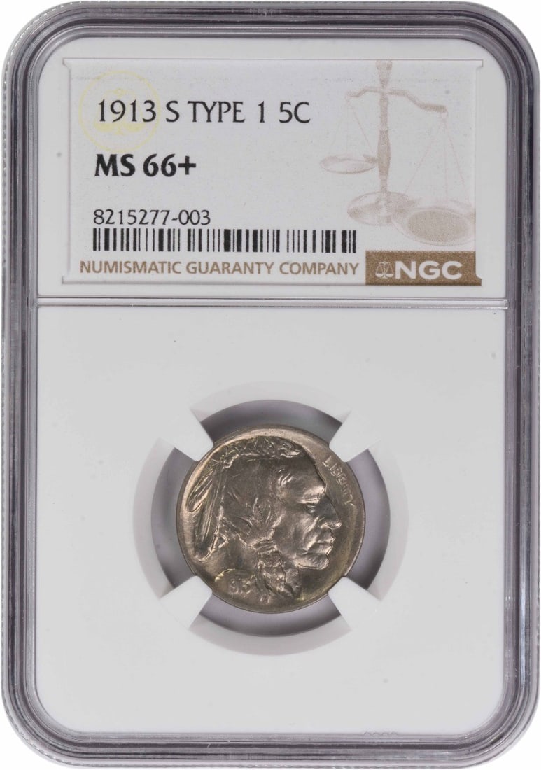 Buffalo Nickel MS66+ Type 1 1913-S: Buffalo Nickel MS66+ Type 1 1913-S The 1913-S Buffalo Nickel MS66+ Type 1 is a stunning example of early American coinage, boasting a rich history and exceptional condition. Certified by the NGC as