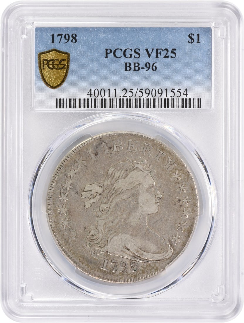 1798 Bust Silver Dollar BB-96 VF25 PCGS: 1798 Bust Silver Dollar BB-96 VF25 PCGS The 1798 Bust Silver Dollar is a rare and historic coin, weighing 26.96 grams and bearing the signature of Robert Scot, the coin's designer. This circulated