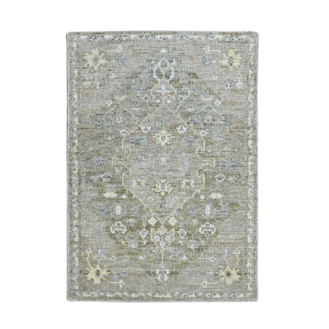 2'x2'10" Gray-Green Oushak Sample Cropped Low Hand Knotted Wool Mat: 2'x2'10" Gray-Green Oushak Sample Cropped Low Hand Knotted Wool Mat Gray-green Oushak style rug features a medallion pattern and a hand-knotted wool pile, measuring 1'11" x 2'10" in a rectangular