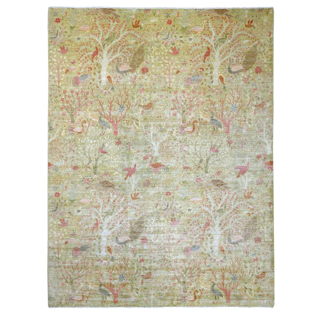 12'x15'8" Green Peshawar Birds of Paradise Design Soft Wool Hand Knotted XL: 12'x15'8" Green Peshawar Birds of Paradise Design Soft Wool Hand Knotted XL Softly glowing with a vibrant green hue, this 12'x15'8" Peshawar Birds of Paradise design soft wool hand knotted rug brings