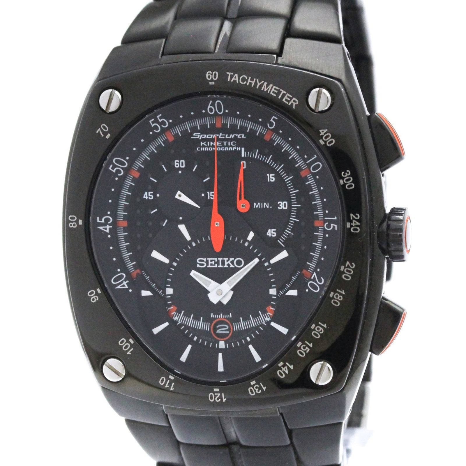 Seiko Wristwatch: Seiko Wristwatch Stainless steel case and band provide a sleek, modern look, while the black dial adds a touch of sophistication. This Seiko Sportura watch features a kinetic movement with