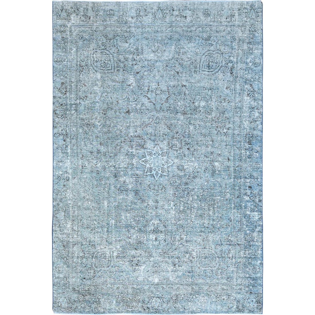 7'1"x10'7" Turquoise Wool Hand Knotted Vintage Zoroastrian Tebraz Rug: 7'1"x10'7" Turquoise Wool Hand Knotted Vintage Zoroastrian Tebraz Rug Turquoise wool hand knotted vintage Zoroastrian tebraz rug boasts a stunning blue color and impressive dimensions, measuring 7'1" 