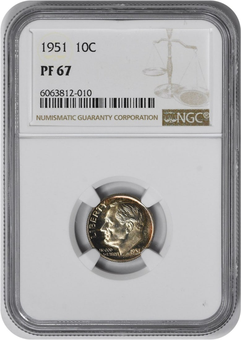 Roosevelt Silver Dime PR67 NGC: Roosevelt Silver Dime PR67 NGC The 1951 Roosevelt Silver Dime PR67 NGC is a highly graded uncirculated coin, certified by the Numismatic Guaranty Corporation (NGC) for its exceptional condition. This 