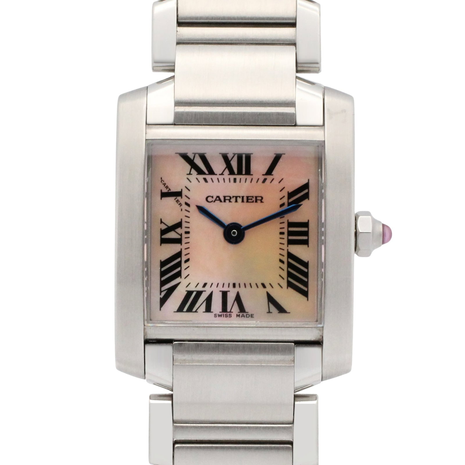 Cartier Wristwatch: Cartier Wristwatch Stainless steel case and band, pink dial, and quartz movement make this Cartier wristwatch a stylish and functional timepiece. With a 20mm case diameter and adjustable band, it fits