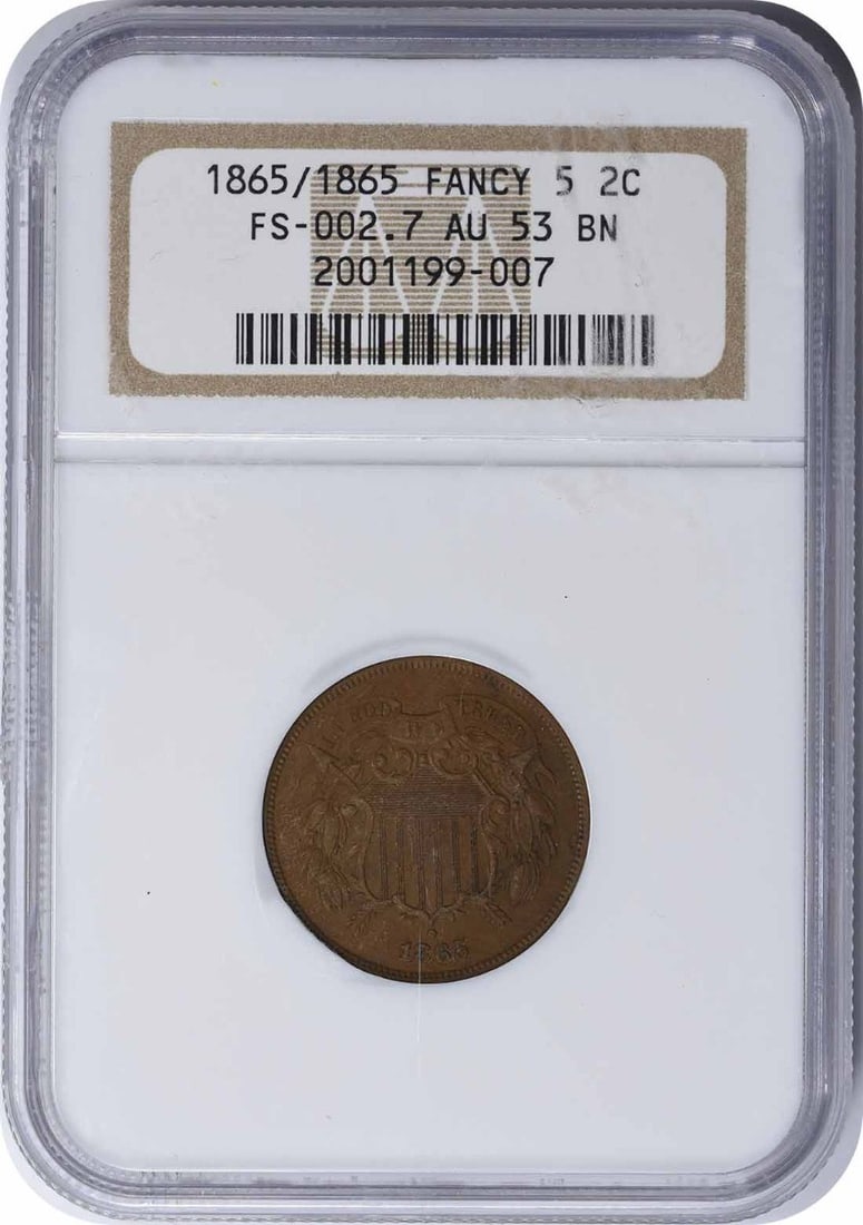 1865 Two Cent Piece RPD FS-1302 AU53 NGC: 1865 Two Cent Piece RPD FS-1302 AU53 NGC The 1865 Two Cent Piece RPD FS-1302 AU53 NGC is a circulated example of this rare coin, graded AU by the Numismatic Guaranty Corporation. Bearing the KM 94 des
