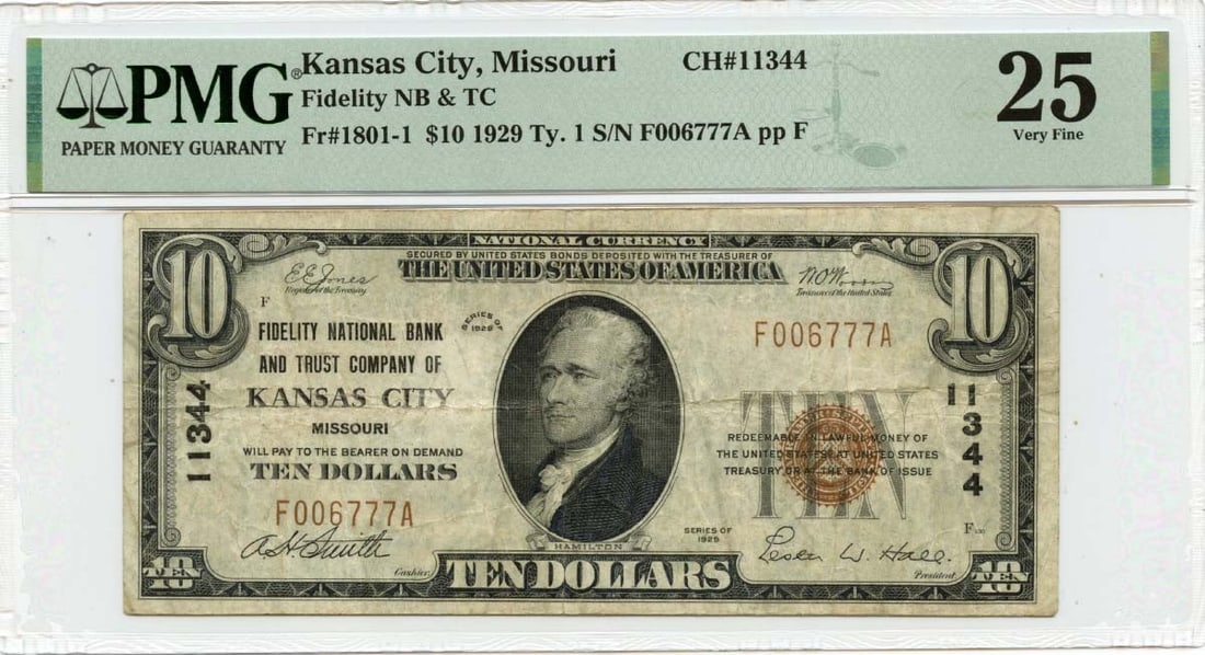 1929 Ty1 $10 Fidelity National B&T Kansas City MO CH#11344 PMG VF25: 1929 Ty1 $10 Fidelity National B&T Kansas City MO CH#11344 PMG VF25 The 1929 Ty1 $10 features a beautiful, circulated condition with a PMG VF25 grade, indicating a high level of preservation. This not