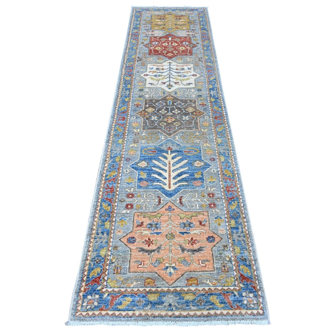 Hand Knotted Caucasian Akstafa Wool Runner 2'7"x10'2" Gray Oriental Rug: Hand Knotted Caucasian Akstafa Wool Runner 2'7"x10'2" Gray Oriental Rug Hand-knotted with precision, this 2'7"x10'2" Gray Oriental rug boasts a rich, timeless design that adds warmth and elegance to a