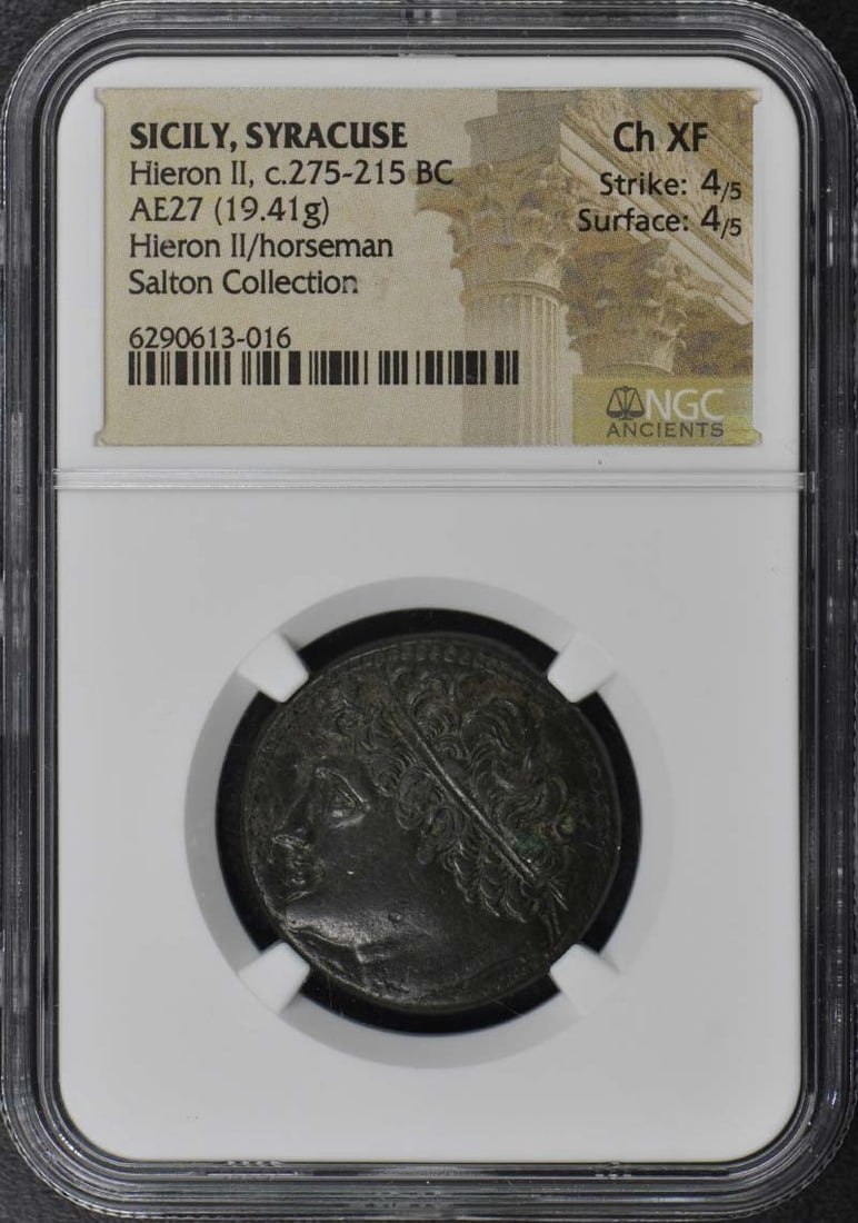 Hieron II, c.275-215 BC SICILY, SYRACUSE AE27 NGC XF45: Hieron II, c.275-215 BC SICILY, SYRACUSE AE27 NGC XF45 NGC XF45 graded ancient Greek coin featuring the iconic Hieron II of Syracuse, minted circa 275-215 BC. This exceptional example showcases the in