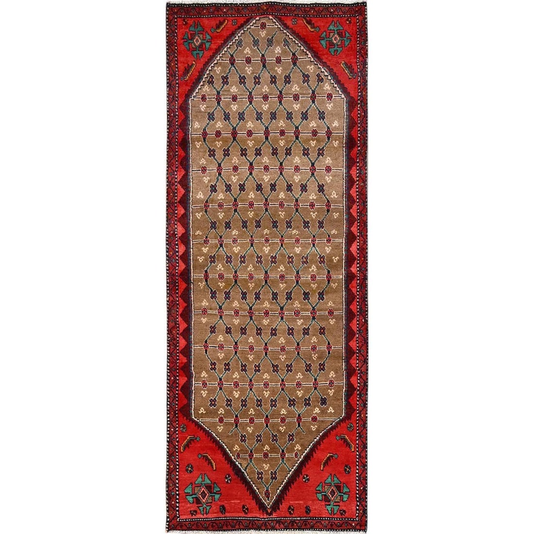 3'x8'2" Brown Vintage Zoroastrian Pure Wool Hand Knotted Runner Rug: 3'x8'2" Brown Vintage Zoroastrian Pure Wool Hand Knotted Runner Rug This stunning 3'0" x 8'2" brown vintage Zoroastrian pure wool hand knotted runner rug boasts a rich, intricate geometric pattern and
