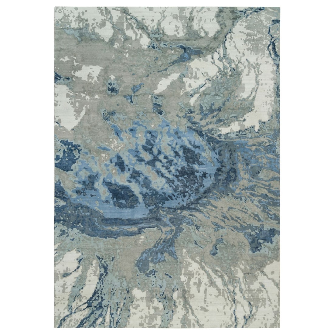 10'x14'1" Alaskan Blue Abstract Galaxy Wool and Silk Hand Knotted Rug: 10'x14'1" Alaskan Blue Abstract Galaxy Wool and Silk Hand Knotted Rug 100% wool and silk hand-knotted in a stunning Alaskan blue abstract galaxy design, this 10'x14'1" rug boasts a unique blend of nat