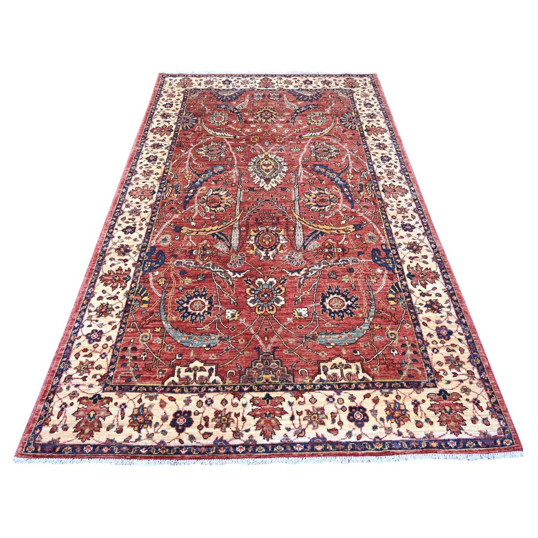 5'x8'2" Red Aryana Grade Sickle Leaf Design Wool Hand Knotted Oriental Rug: 5'x8'2" Red Aryana Grade Sickle Leaf Design Wool Hand Knotted Oriental Rug The 5'x8'2" Red Aryana Grade Sickle Leaf Design Wool Hand Knotted Oriental Rug boasts a vibrant all-over red field with intri
